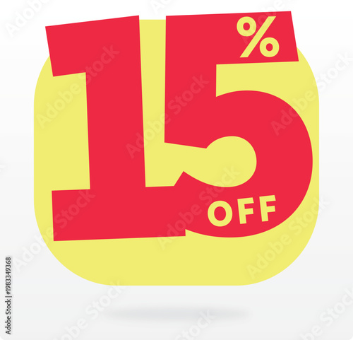 15% business, discount, price, marketing, red, yellow, icon, vector, label, special, offer, value, ads, sales, store, off, product, sticker. Tag, banner, percent, commerce