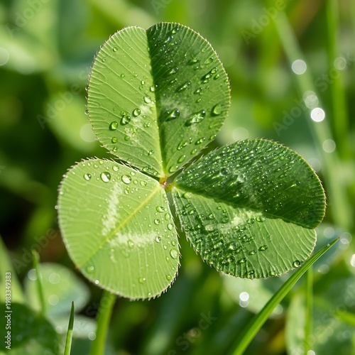 Close-up of a vibrant green three-leaf clover with water droplets.