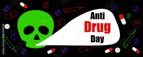 Anti drug day graphic with skull and pills on black background