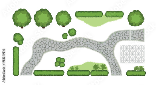 WeLandscape design elements in top view, garden plan vector set with trees and shrubs, stone walkway and patio paving for architectural site maps isolated PNG with Transparent Backgroundb