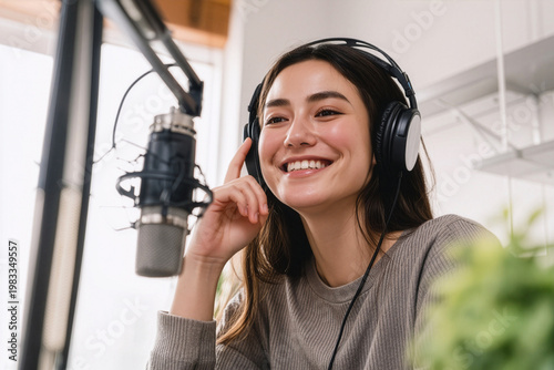 woman listening to music with headphones