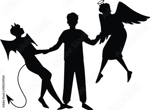 Confused man with devil and angel pulling hands in different directions, frustrated guy feel doubtful black silhouette