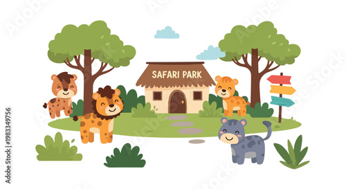 Safari park cartoon vector illustration, cute wild animals at zoo entrance, african savanna landscape with lion and leopard characters