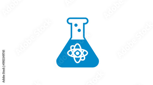 Blue Science Flask with Atom Icon. Chemistry Laboratory Research Experiment Symbol for Education, Scientific Innovation Vector Graphic.