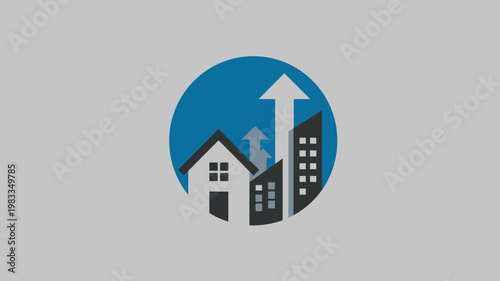 Real Estate Market Growth, Property Value Increase, and Urban Development Icon with House, Buildings, and Upward Arrow