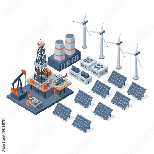 Isometric illustration of energy production facilities including oil rigs, wind turbines, and solar panels.