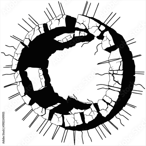 Concrete structure with reinforcement bars and deep cracks in high contrast industrial style