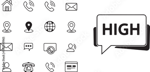 Collection of modern outline icons representing communication and contact methods, including phone, mail, location, and global connectivity symbols, alongside a speech bubble with the word HIGH