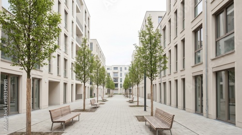 Modern residential courtyard with benches and trees