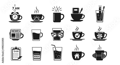 Collection of morning routine and daily life icons featuring coffee alarm clock news and to do list concepts