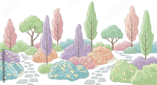 Pastel watercolor garden landscape vector, whimsical park with blooming bushes and stone paths, soft fairytale garden background with trees