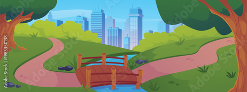 City Park with river and wooden bridge, lawn with pond, trees and cityscape with skyscrapers vector flat background