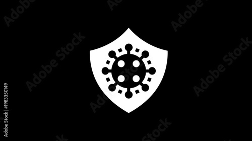 Medical protection shield icon with virus symbol. White emblem on black background, representing immunity and health safety.