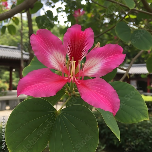 Close-up of a vibrant pink Bauhinia Blakeana flower in full bloom.