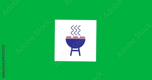 Digital animation of barbecue grill icon over white square banner against black background