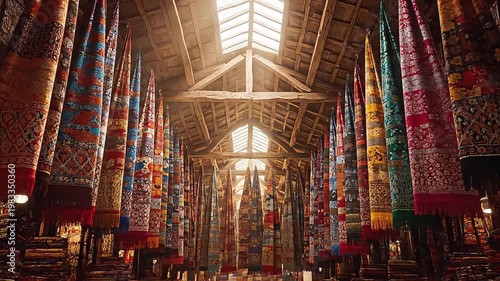Wallpaper Mural Vibrant textiles hanging in a traditional wooden hall with natural light Torontodigital.ca