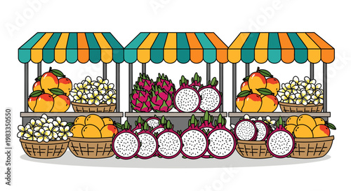 Colorful fruit stand with various fruits on display