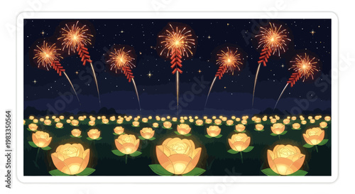 Vibrant fireworks exploding over glowing lotus flowers at night