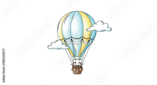 Colorful hot air balloon with clouds isolated on a white background