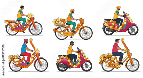 colorful illustration of people riding motorcycles with flowers