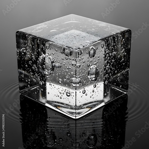 Captivating Ice Cube with Bubbles on Reflective Surface.