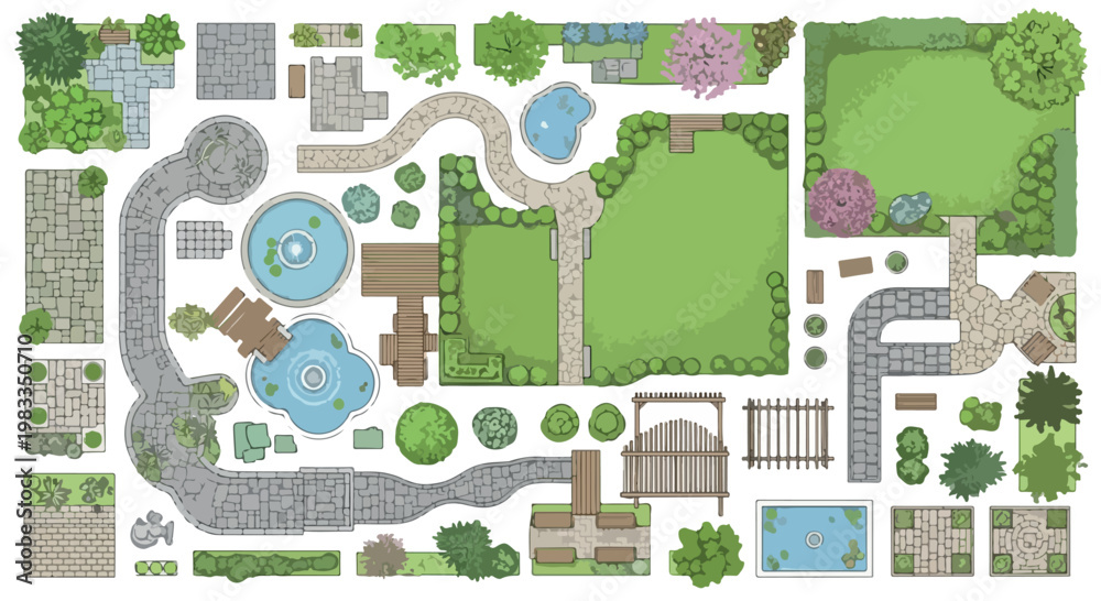 Fototapeta premium Landscape design elements vector set, garden plan top view icons, architectural site mapping symbols with trees, ponds, and stone paths for backyard planning