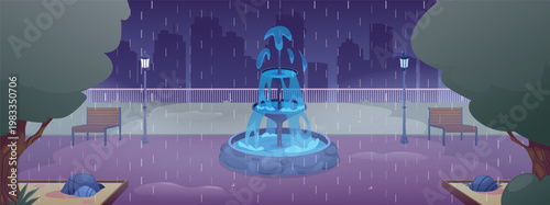 City Park with fountain at night rain weather, lawn with trees and cityscape with skyscraper vector flat background