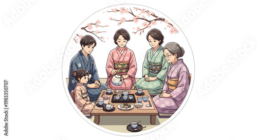 Asian family enjoying traditional tea and food together outdoors