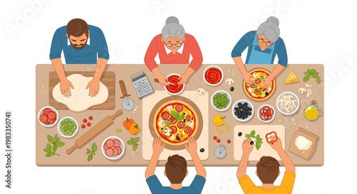 People making pizza together at a table with ingredients
