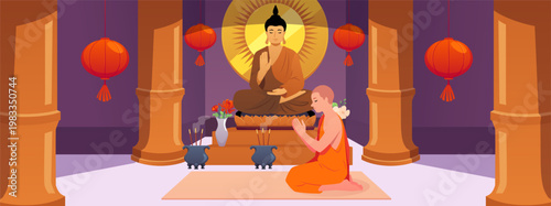Thai Monk in traditional robe meditating and praying, vector flat Buddhist temple interior with altar worshiping Buddha