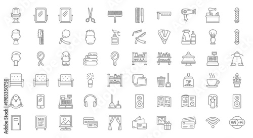 Various icons and symbols line drawings.