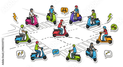 Scooter riders in conversation on road intersection