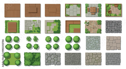 Landscape design elements top view, 24 garden map icons for architectural planning, stone paving and plant vector symbols for site layout