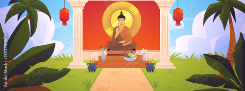 Buddhist temple interior with worshiping altar on the green lawn with palm trees, Buddha in meditation pose flat vector