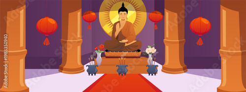 Buddha in meditation pose with raised hand, vector flat Buddhist temple interior with worshiping altar, incense stick