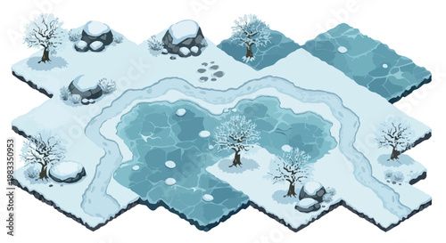 Isometric winter game landscape vector, frozen lake and snowy terrain tiles, cold wilderness environment with bare trees and rocks for level design
