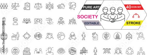 Society and community editable stroke icons. Vector set containing human rights, legal justice, public administration, family protection, and social welfare concepts for civic design web illustration