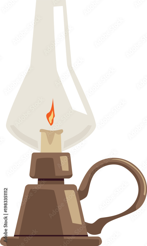 Naklejka premium Vintage magic lantern with burning candle flat vector icon, antique bronze holder candlestick with handle, medieval lamp