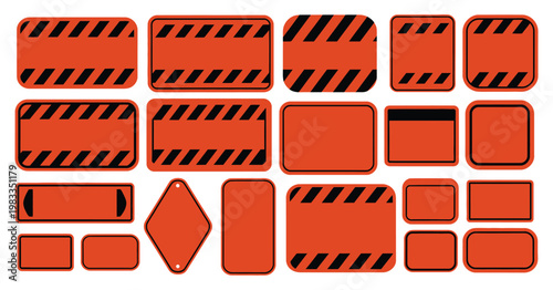 Various blank red warning signs with diagonal stripes, realistic notice signboard set for construction and safety zones