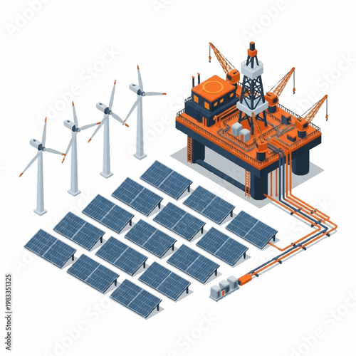Offshore oil rig powered by a hybrid system of wind turbines and solar panels.