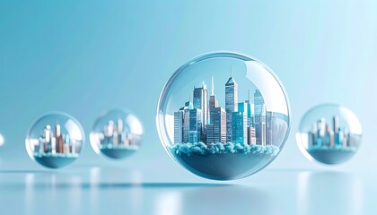 Glass bubbles containing city skylines in a gradient blue setting symbolizing global urbanization and futuristic metropolitan life.