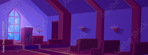 An empty church interior at night, with an altar, vintage window, candles, and rows of wooden pews.