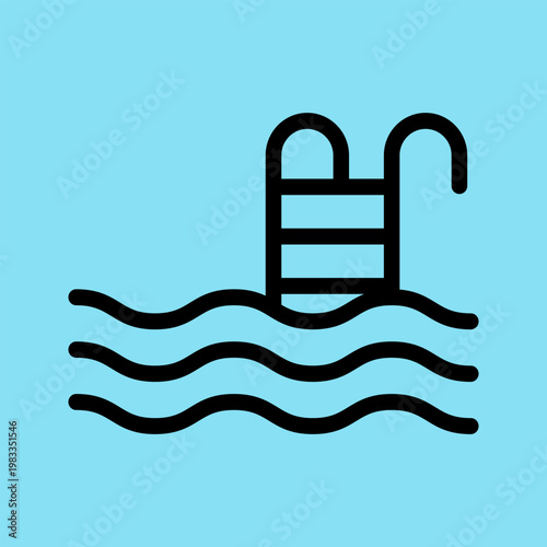 Minimal Pool Ladder Icon Over Water Waves on Blue Background Representing Swimming and Summer Leisure