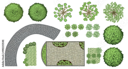 WebLandscape design elements in top view, garden plan vector set with trees and shrubs, stone walkway and patio paving for architectural site maps isolated PNG with Transparent Background