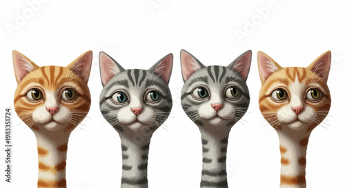 Four adorable cat faces in a row digital art illustration