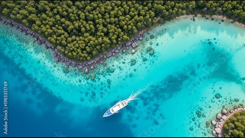 Aerial view of a boat sailing through a turquoise lagoon surrounded by lush green forest.