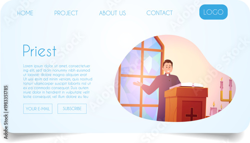 Priest makes liturgy speech in church or chapel, landing page promotion vector flat design, Christian religious service