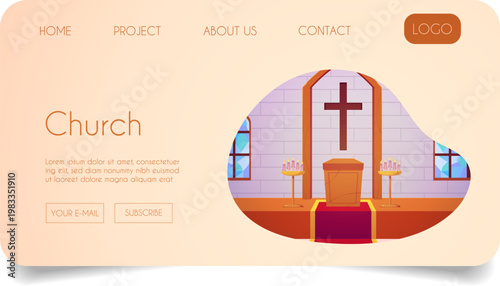 A website page featuring a church interior, altar, cross, and candles.