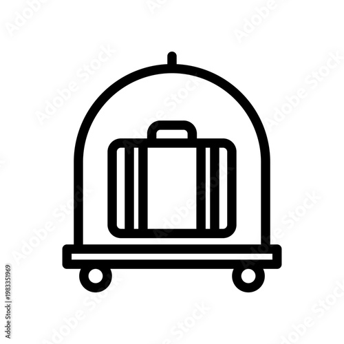 Hotel luggage cart with vintage suitcase. Bellboy trolley, baggage service, hospitality, holiday, travel design