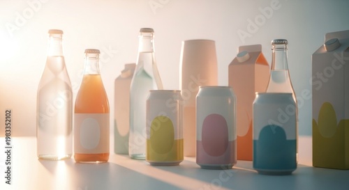 Assortment of Beverages in Various Containers on a White Surface.